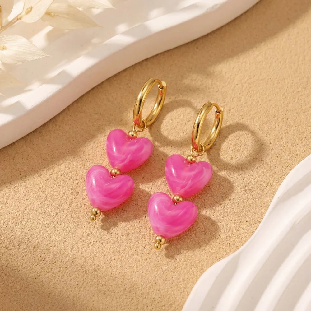 Badu Colorful Acrylic Double Heart Drop Earrings for Women Y2K Sweet Daily Party Accessories