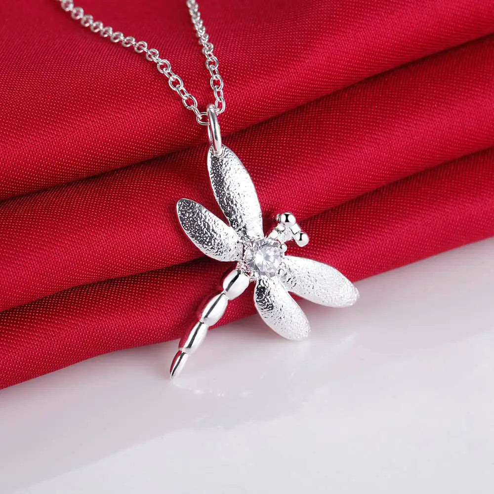New 925 Sterling Silver Set High Quality Dragonfly Necklace Earring Chain Fashion Jewelry For Women Wedding Birthday Party Gift