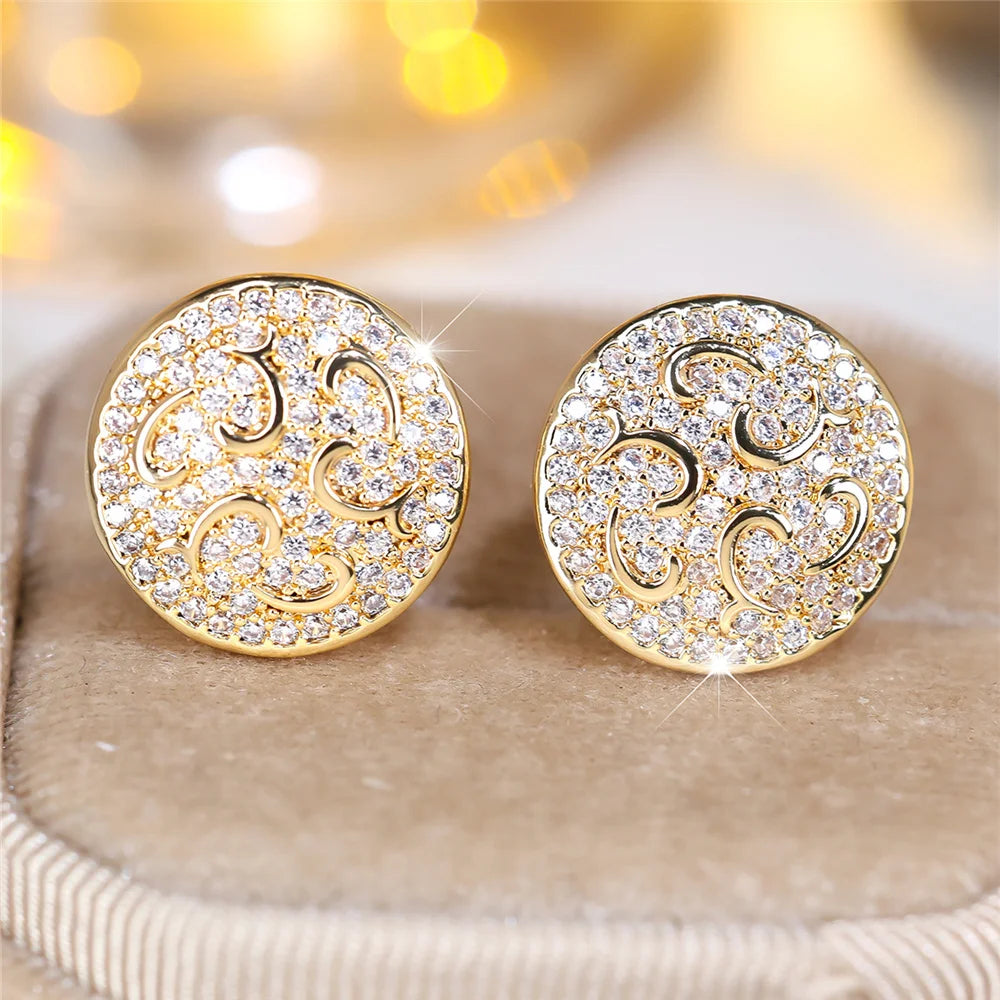 Cute Female Stone White Zircon Round Stud Earrings Gold Color Wedding Jewelry For Women