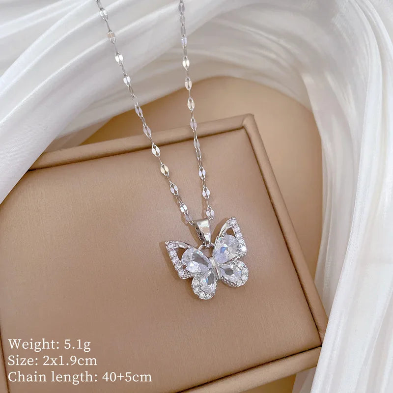 Exquisite Micro Inlaid Zircon Butterfly Tassel Necklace For Women Stainless Steel Moon Butterfly Flower Clavicle Choker Jewelry