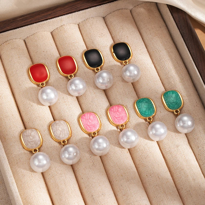 ANENJERY 316L Stainless Steel Geometric Elliptical Drop Glazed Enamel Pearl Earring For Women Fashion Luxury Niche Jewelry Gift