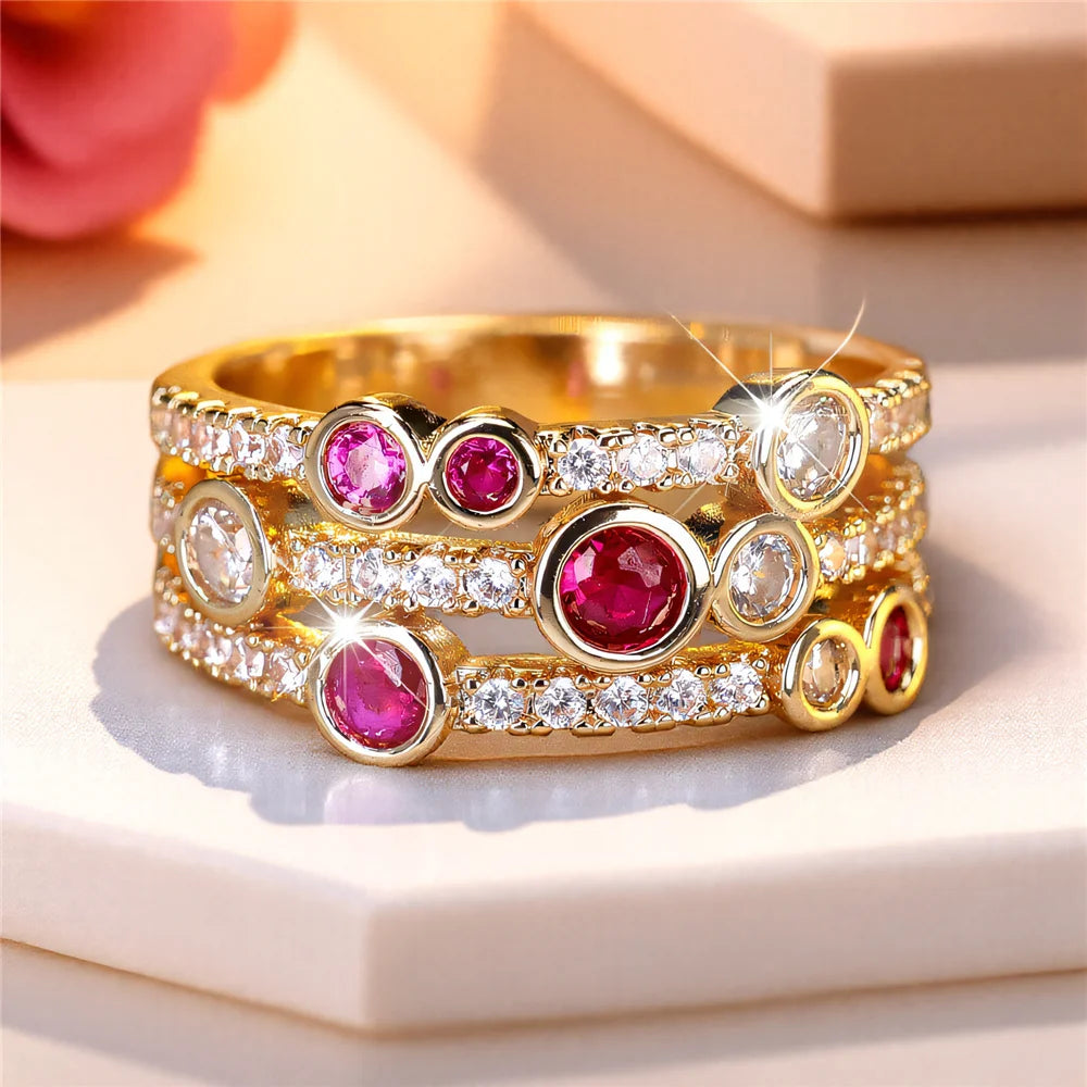 Cute Female Rose Red Zircon Stone Gold Color Wedding Jewelry Promise Engagement Rings For Women
