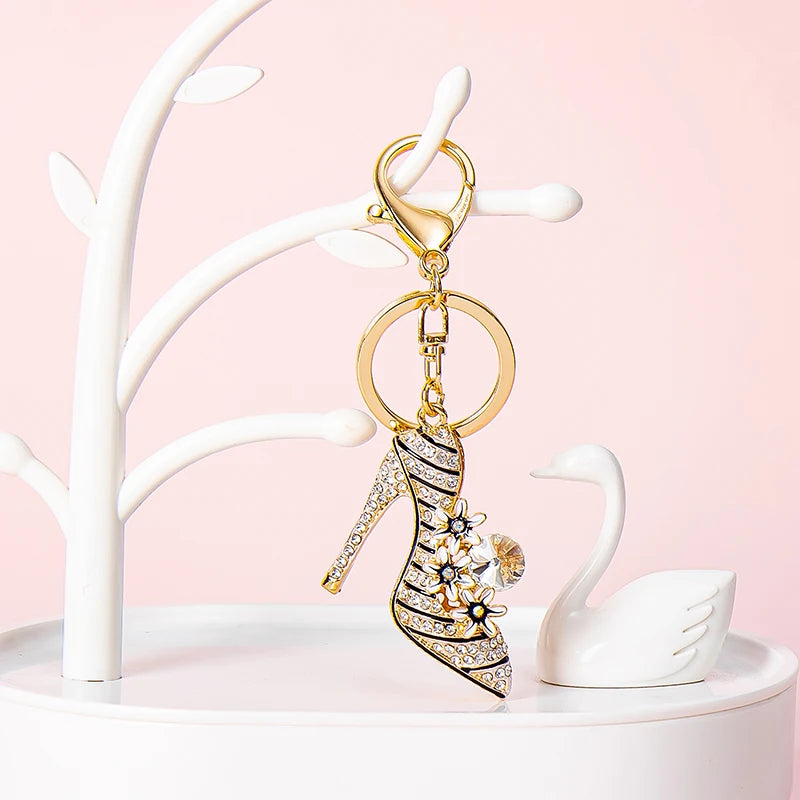 Elegant Flower High Heels Key Chain Women's Bag Pendant Alloy Rhinestone Car Key Ring Fashion Backpack Ornament