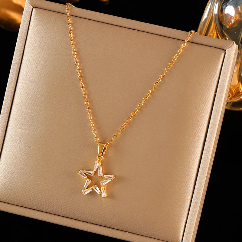EILIECK 316L Stainless Steel Pearl Shell Starfish Sun Charm Necklace For Women Ocean Style Gold Plated Handmade Holiday Jewelry