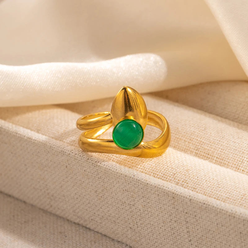 ANENJERY 316L Stainless Steel Colorful Stone Water Droplets Open Ring for Women Personality Niche Jewelry Niche Gifts Wholesale