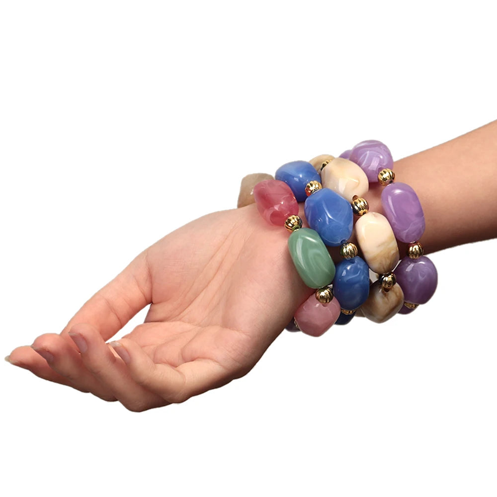 Fashion Acrylic Marbled Irregular Geometry Beads Stretch Bracelet Elegant Colorful Cuff Bangle Bracelets 2026 Trendy Jewelry