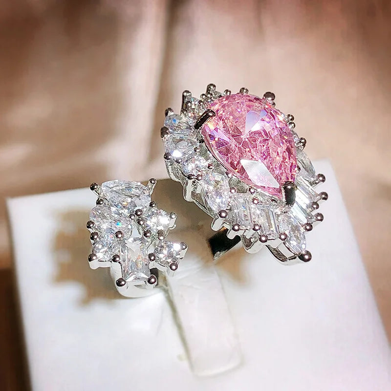 New Asymmetric Pink Zircon Exquisite Drop Ring Female Adjustable Temperament Wedding Party Jewellery Gift With 925 Stamp