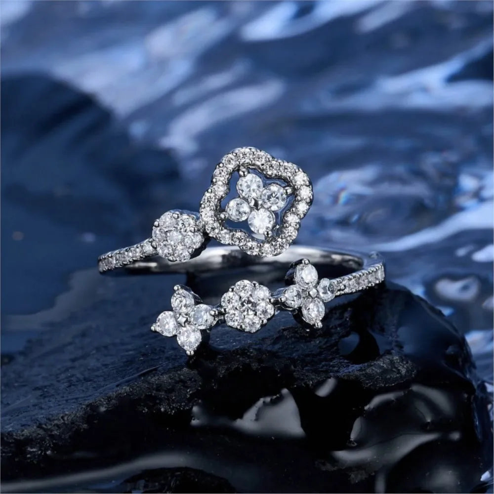 Elegant Four Leaf Flower Zirconia Inlaid Ring for Women 2025 New Fashion Single Rings Wedding Jewelry Daily Wear