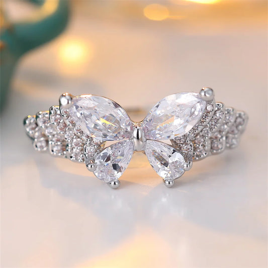 White Zircon Marquise Stone Cute Butterfly Rings For Women Vintage Silver Color Engagement Bands Wedding Jewelry