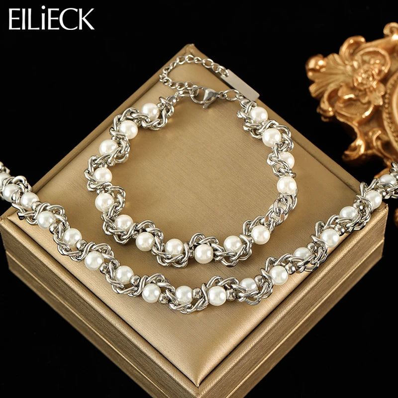 EILIECK 316L Stainless Steel Pearl Chain Necklace Bracelet Set For Women Fashion Waterproof Silver Color Jewelry Set Gift Party