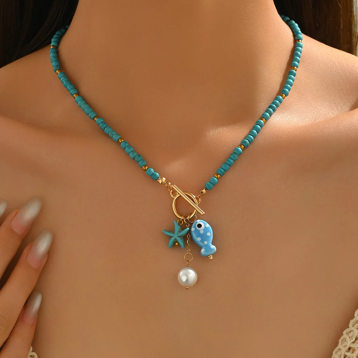 HOT Bohemian Sea-Inspired Ceramic Fish & Starfish Pendant Necklace with 4mm Synthetic Turquoise Beads, Lightweight Beach Jewelry