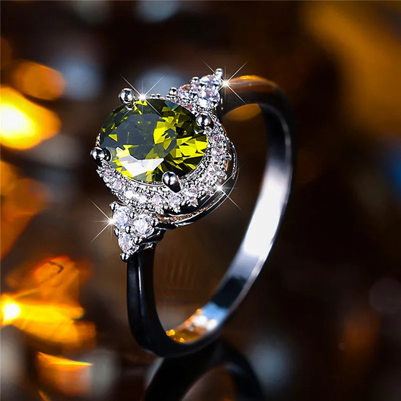 Cute Female Black Oval Zircon Stone Engagement Ring Trendy Silver Color Bride Wedding Jewelry Gift For Women