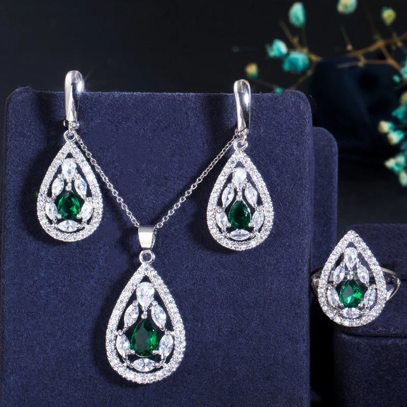 ThreeGraces Shining Red Zirconia Water Drop Shape Earring Necklace Ring Fashion Bridal Party Jewelry Set for Women JS554