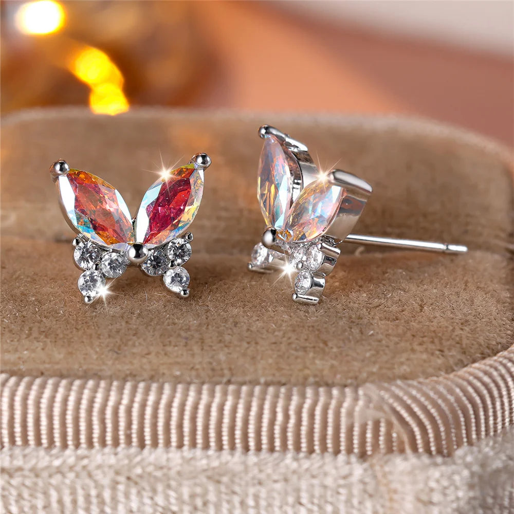 Cute Female White Butterfly Zircon Stone Stud Earrings Silver Color Uquare Girlfriend Gift Wedding Jewelry For Women