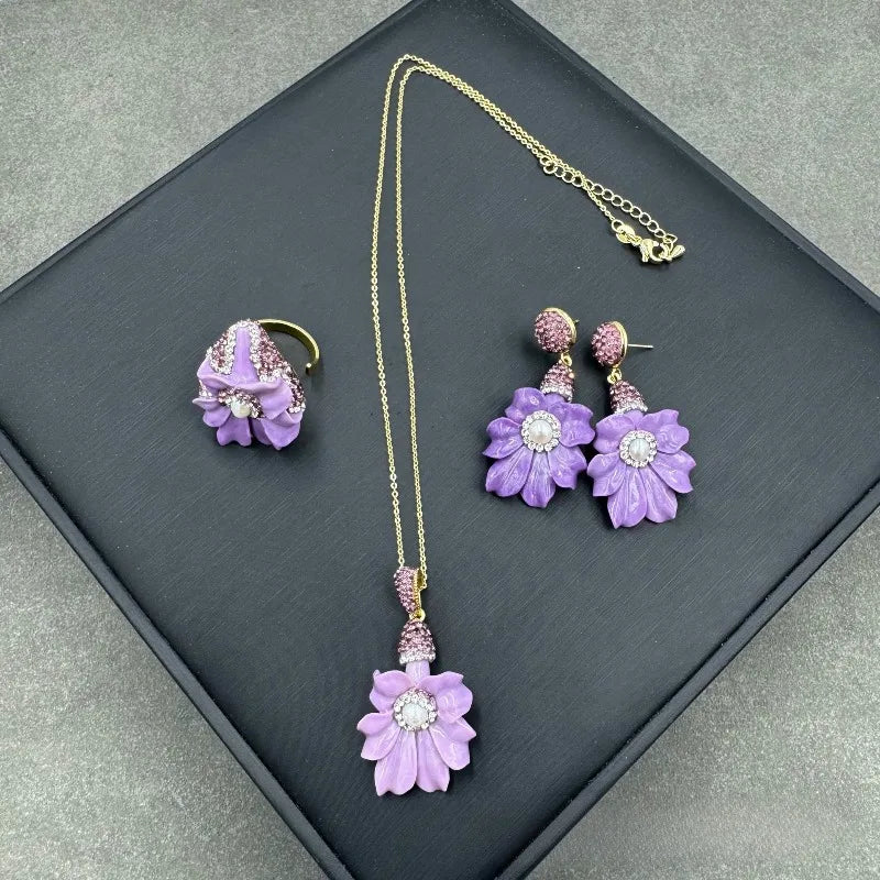NISHIZAWA Baroque Pearls Earrings for Women Purple Flowers Vintage 3 Pieces Jewelry Sets Elegant Fashion Aretes De Mujer