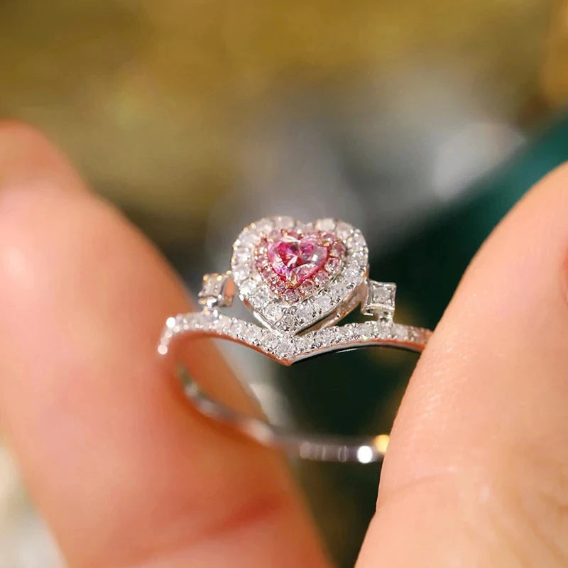 Luxury Heart Shape Pink 925 Silver Color Cute Fashion Promise Ring for Women Girl Party Wedding Gift Trendy Jewelry