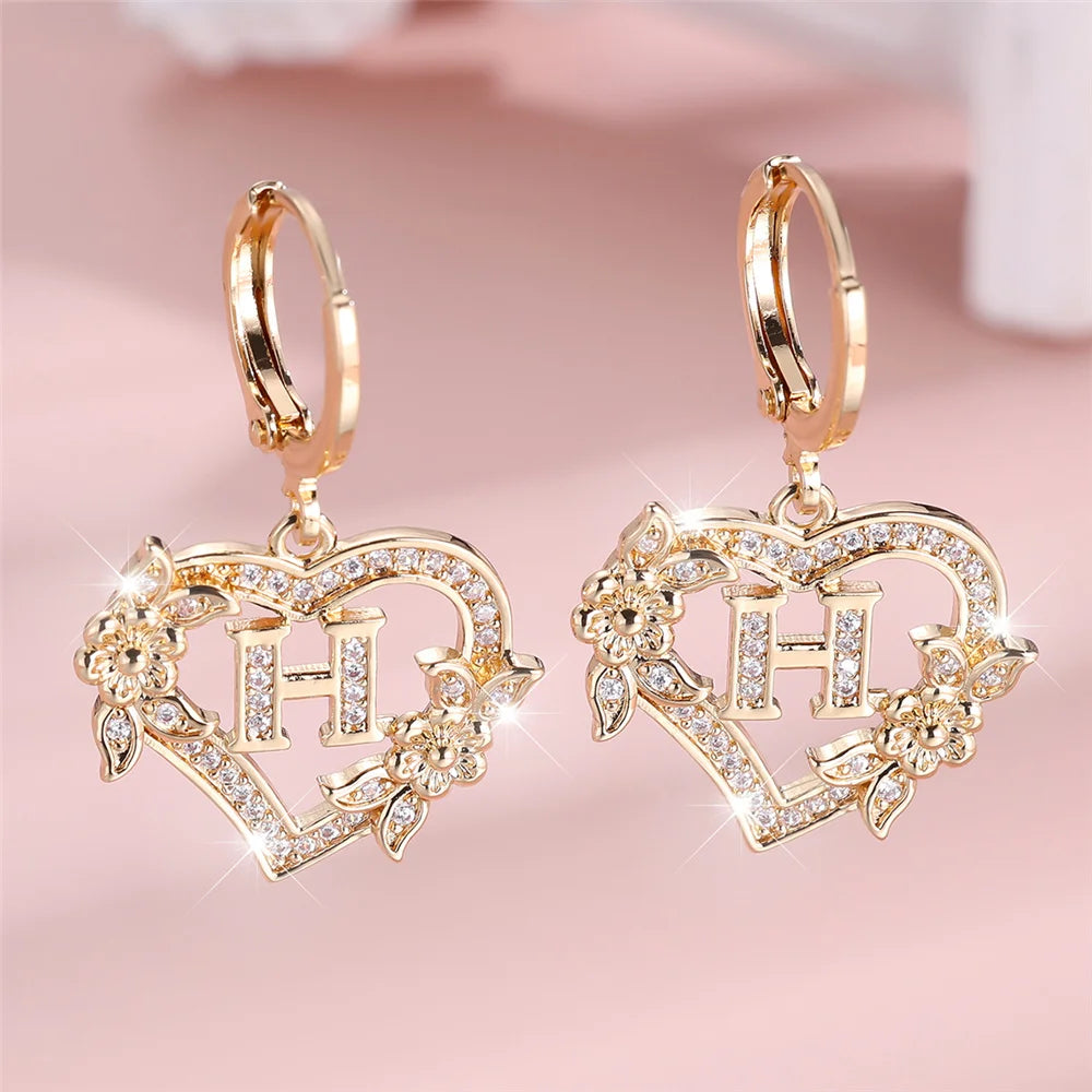 Female A-Z 26 Letter Heart Flower Hoop Earrings Yellow Gold Color White Zircon Wedding Jewelry For Women