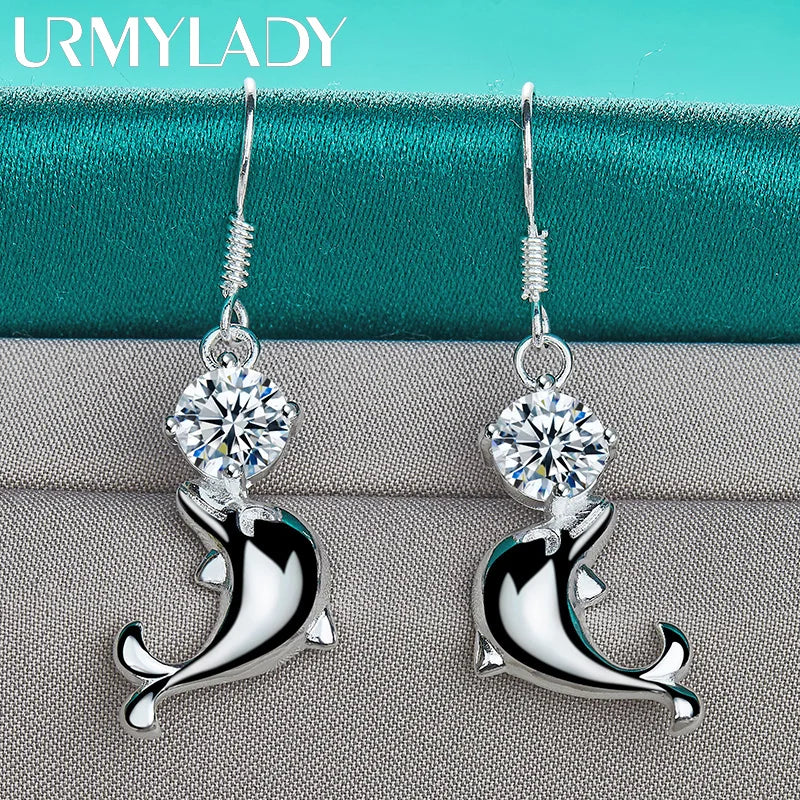 URMYLADY 925 Sterling Silver Dolphin Zircon Earrings Eardrop For Women Charm Wedding Fashion Engagement Jewelry