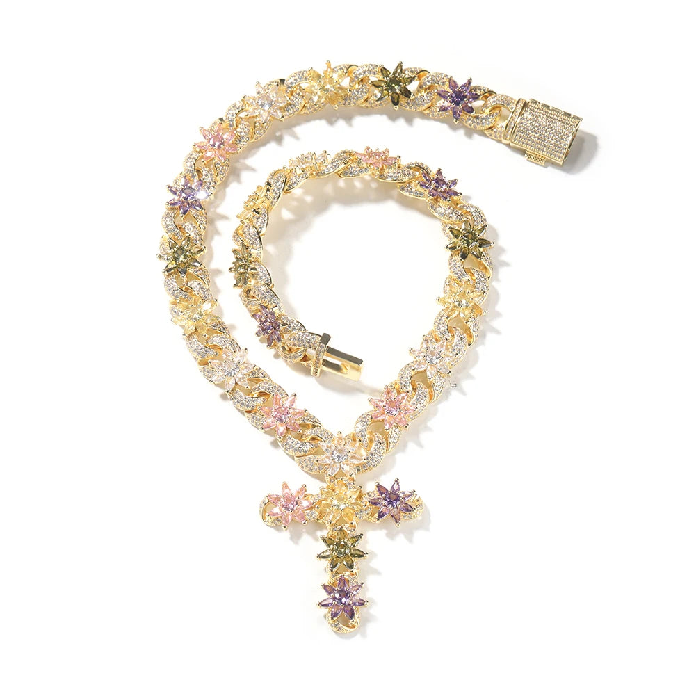 Colorful Flower Cross Charms Cuban Chain Full Pave Iced Out Baguette Cubic Zirconia HipHop Jewelry Unisex Gift For Men Women