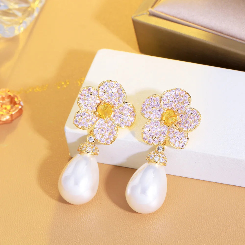 ThreeGraces Elegant Pink Yellow Cubic Zirconia Flower Shape Simulated Pearl Drop Earrings for Women Fashion Party Jewelry E1801