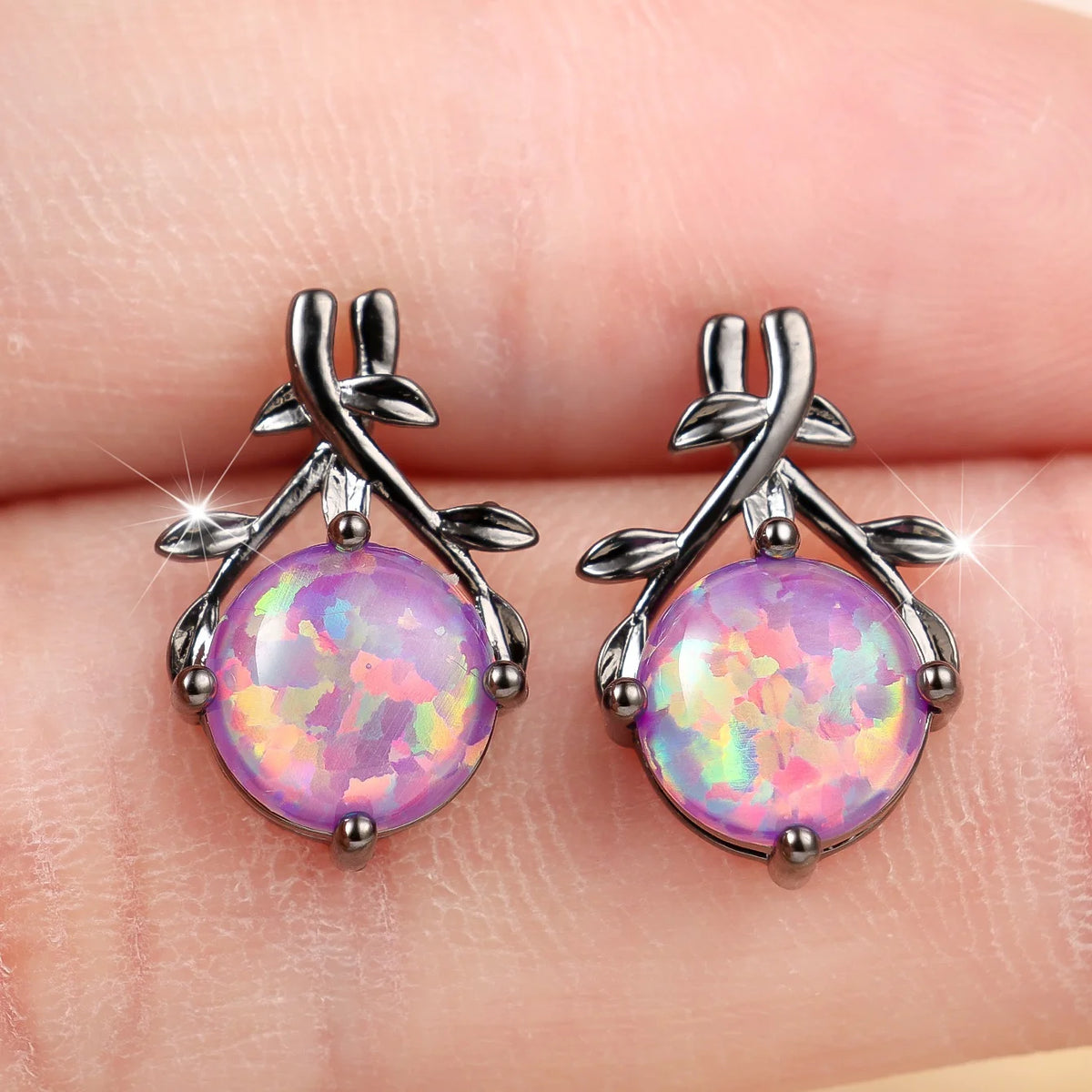 Charm Female Round Purple Opal Oval Trendy Stud Earrings Black Color Wedding Jewelry For Women