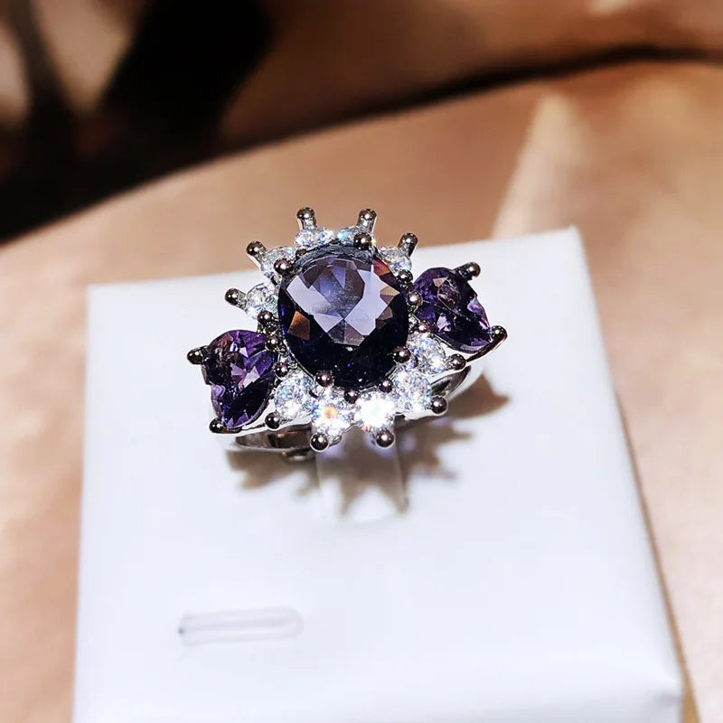 925 Silver Simple Sweet Diamond Ring Ladies New Purple Zircon Ring Women's Party Wedding Birthday Gift Wholesale
