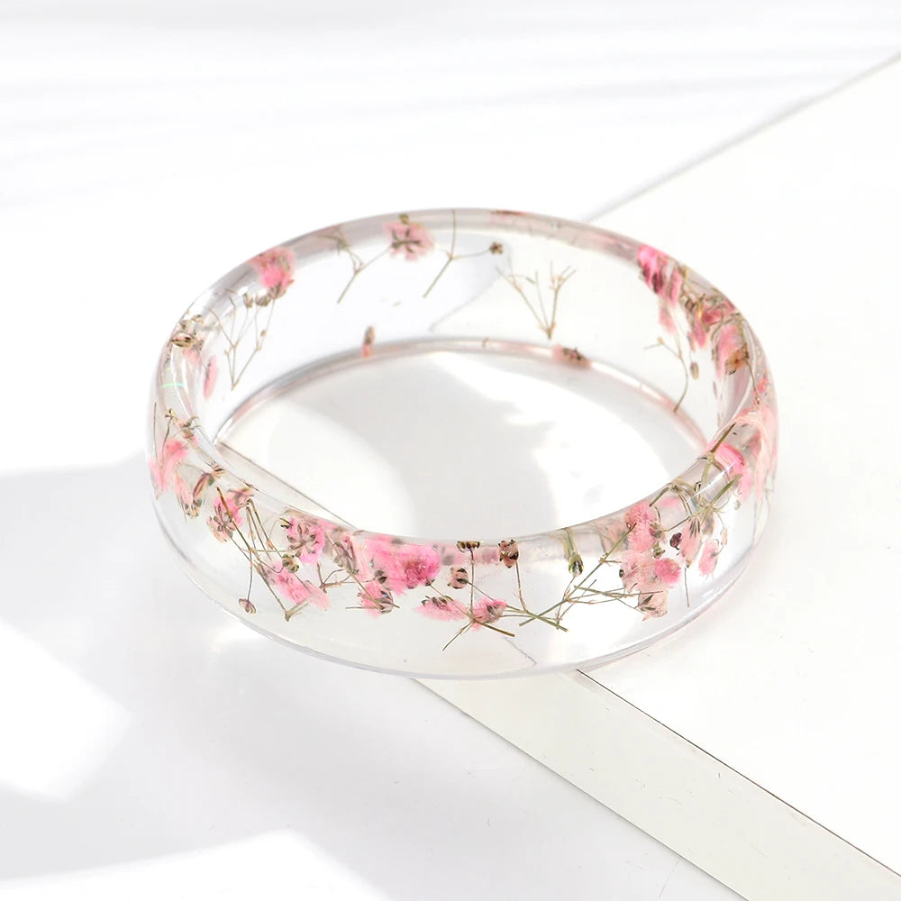 Vintage Dried Flowers Transparent Resin Chunky Bangles New Stackable Cuff Bangle Bracelets for Women Charm Jewelry