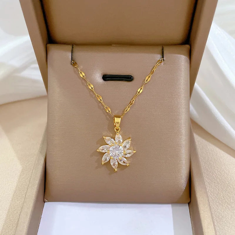 316L Stainless Steel Luxury Zircon Flower Pendant Necklace For Women Girl New Trend Clavicle Chain Jewelry Lady Gift