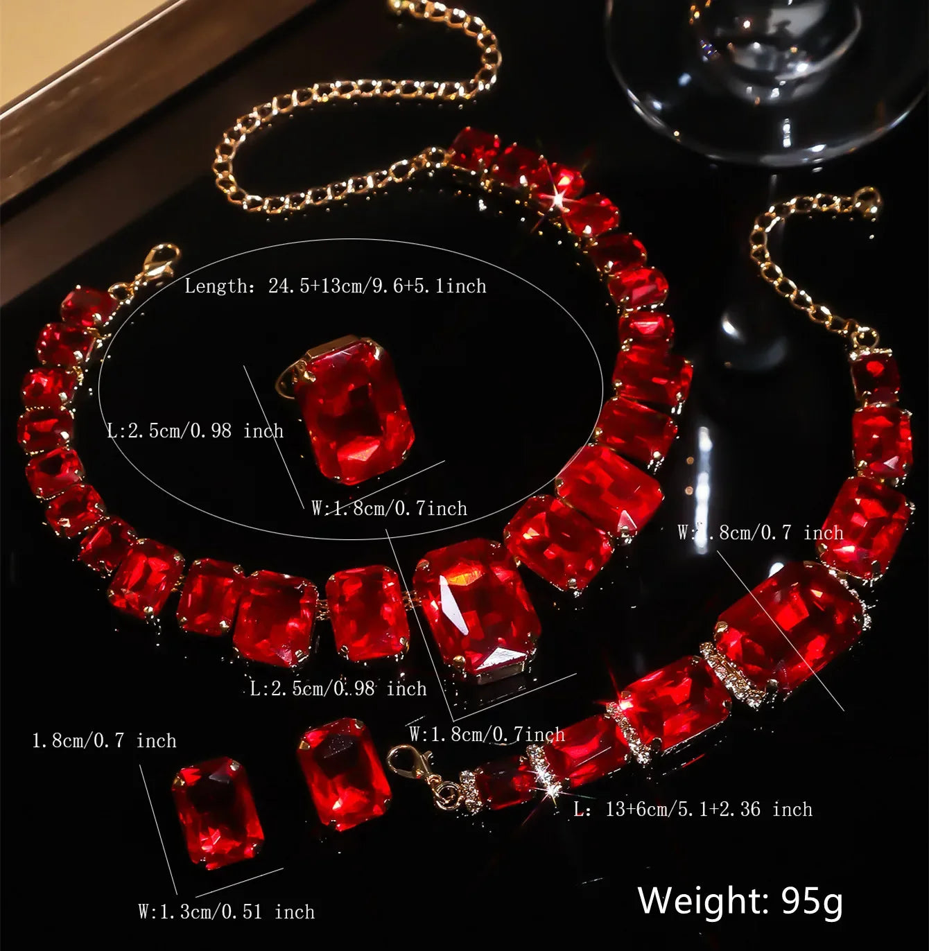 FYUAN Red Champagne Green Rectangle Geometric Necklace Earrings Bracelet Crystal Earrings for Women Wedding Jewelry Sets