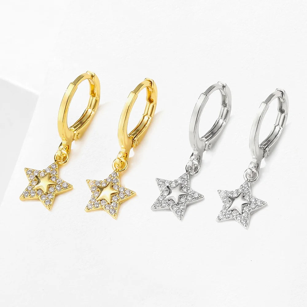 Small Star White Zircon Stone Trendy Hoop Earrings Charm Cute Female Silver Gold Color Wedding Jewelry For Women