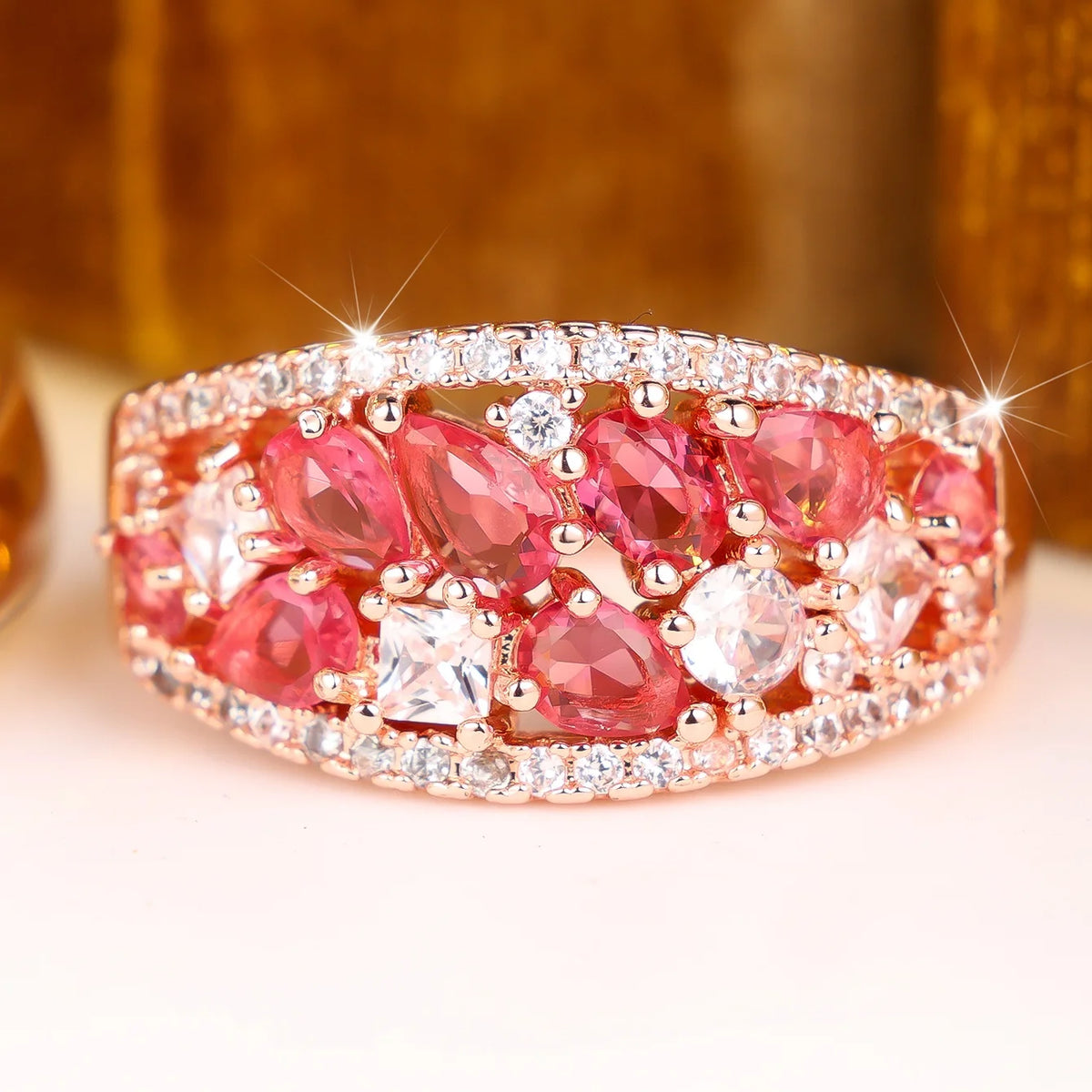 Small Charm Female Red Rose Zircon Stone Round Ring Gold Color Wedding Jewelry For Women