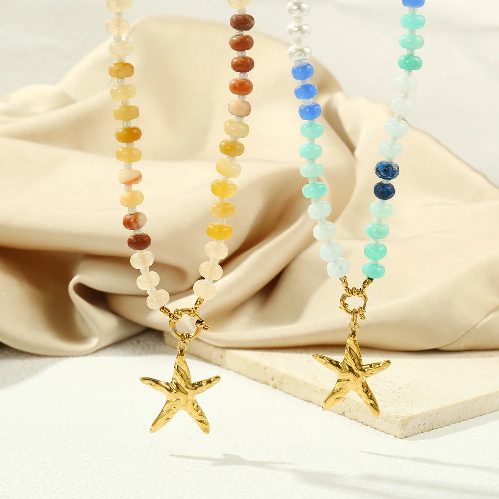 Badu Summer Colorful Natural Stone Beads Stainless Steel Starfish Pendant Necklace for Women Bohemia Beach Jewelry Waterproof