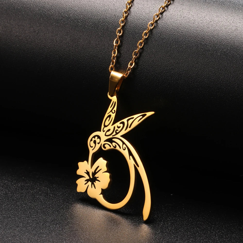 My Shape Hummingbird Flower Pendant Necklaces for Women  Bird Floral Stainless Steel Chain Choker Fashion Jewelry Gifts