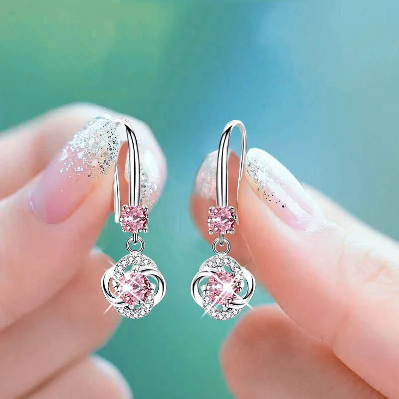 Boho Female Crystal Pink Blue White Drop Earrings Silver Color Zircon Stone Small Round Wedding Jewelry For Women