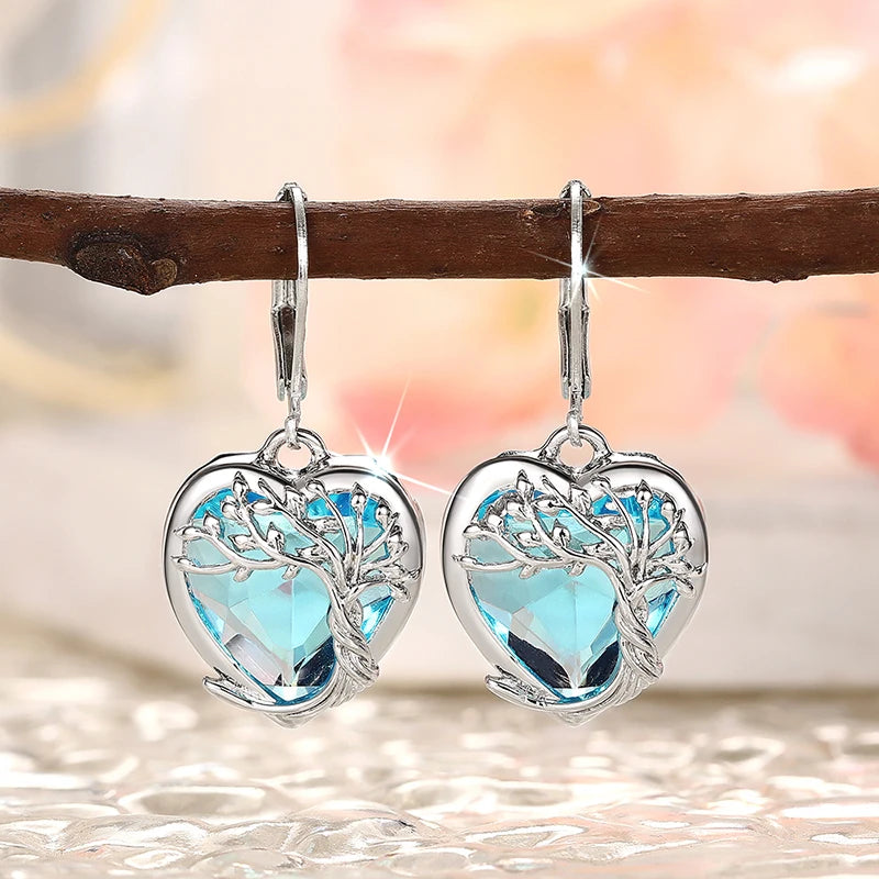 Huitan Elegant Women Blue Heart Drop Earrings Aesthetic Engagement Accessories Charming Tree Design Anniversary Jewelry Gift