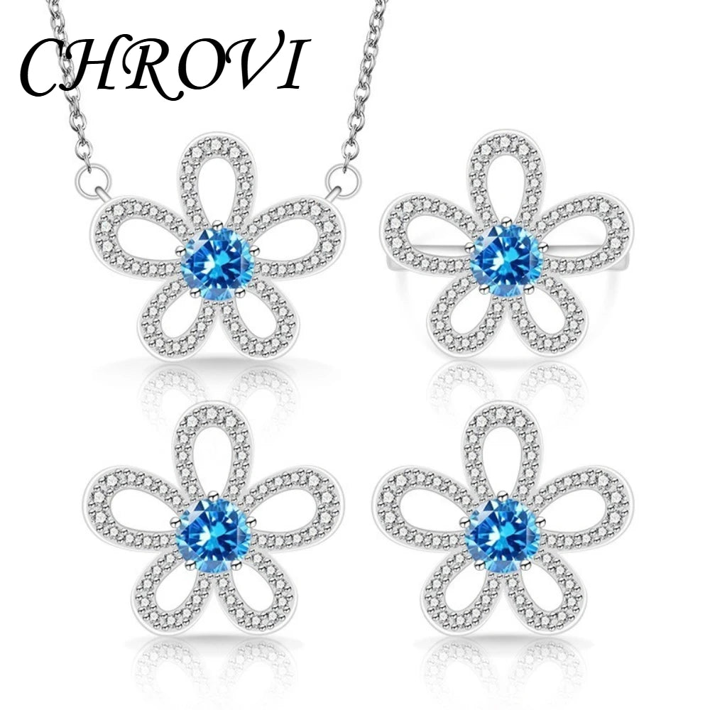 Sweet 925 sterling silver luxury full-diamond five-petal flower gemstone pendant ring earring three-piece jewelry set