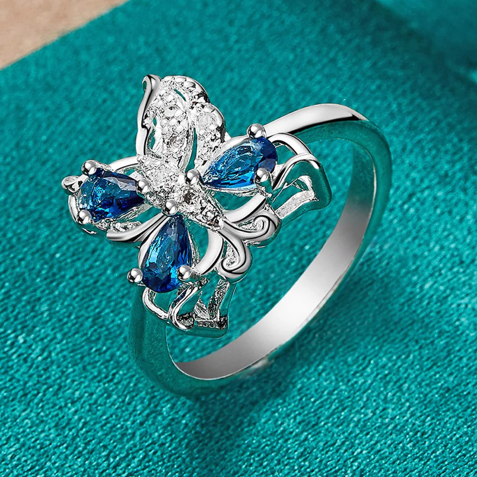 URMYLADY 925 Sterling Silver Butterfly Blue Zircon 7-10# Ring For Women Fashion Wedding Party Charm Jewelry