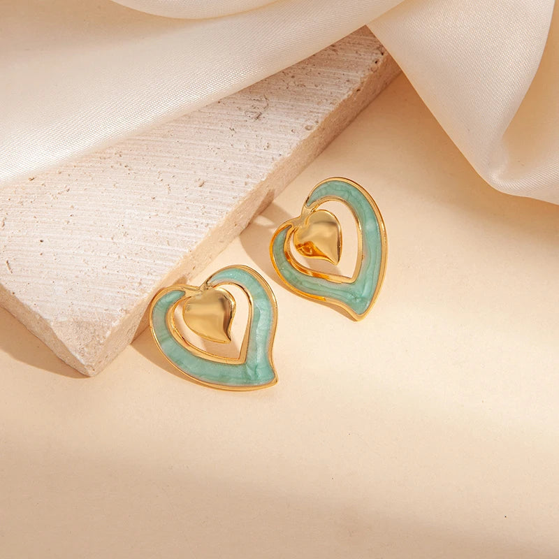 ANENJERY 316L Stainless Steel Hollow Double Heart Stud Earrings For Women Special Luxury Design Lady Jewelry Gifts