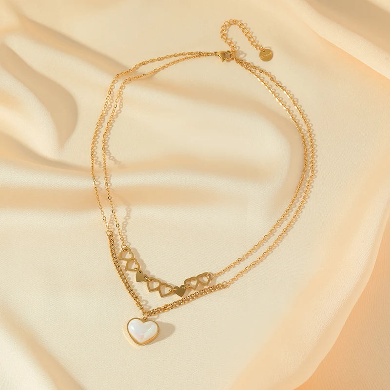 EILIECK 316L Stainless Steel Heart Love Pearl Pendant Necklace For Women Fashion Multilayer Neck Chain Jewelry Gift Collier