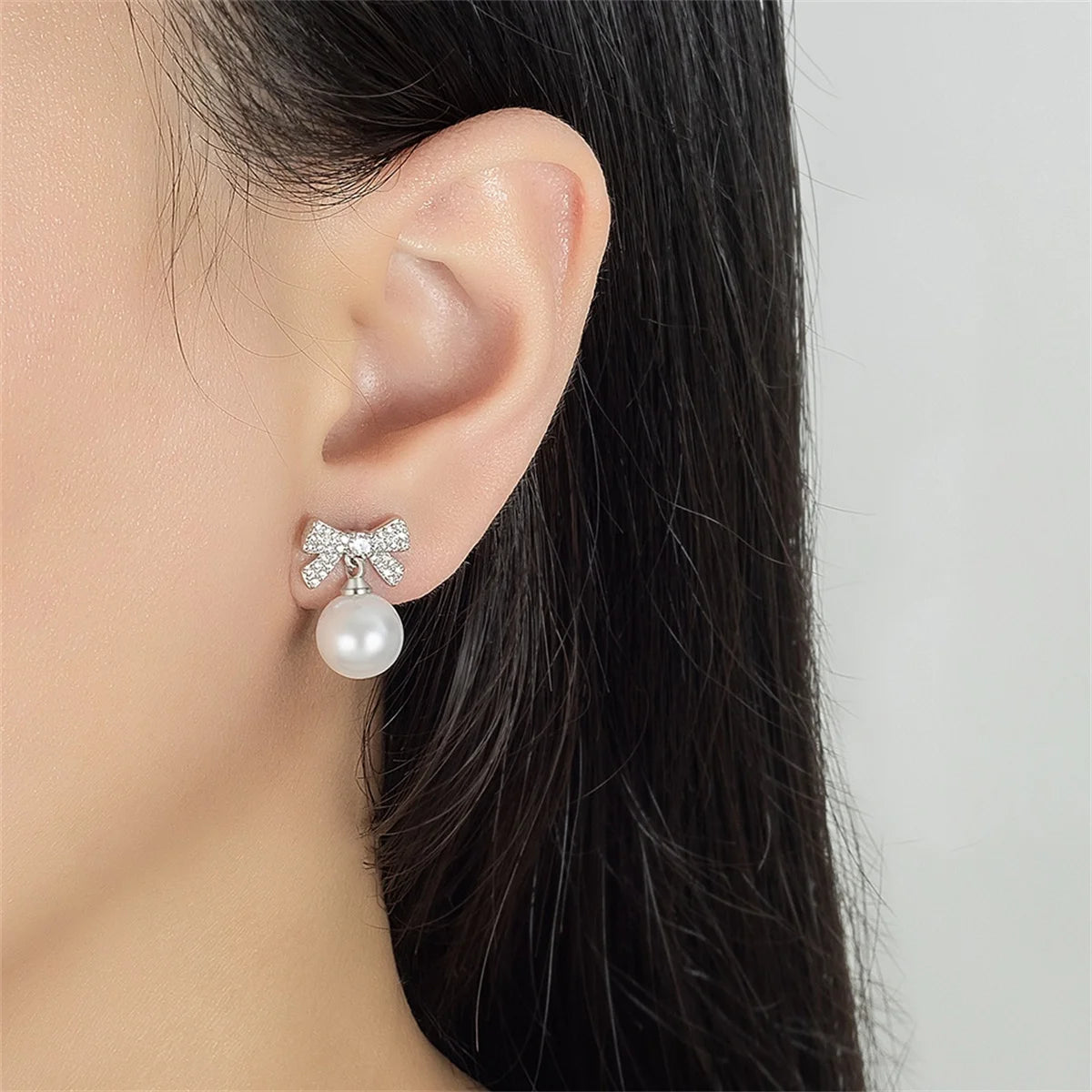 Korean Luxury Charm Female White Zircon Pearl Yellow White Bow Stud Earrings Silver Color Wedding Jewelry For Women