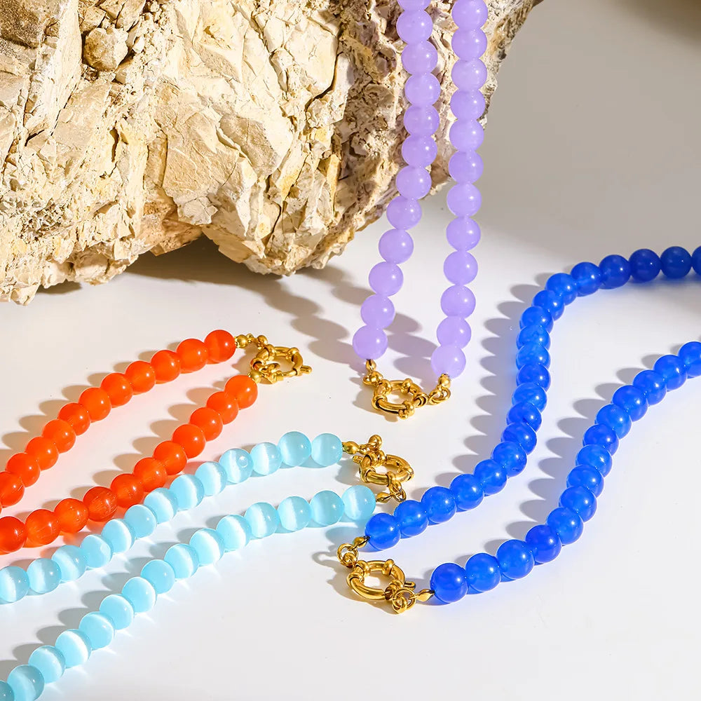 2026 Rainbow Cats Eye Glass Bead Choker Necklace 18K Gold Plated Stainless Steel Summer Bikini Gift for Women Girls