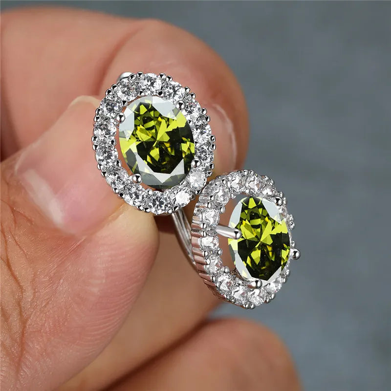 Luxury Crystal Purple Oval Stone Earrings Multicolor Zircon Small Hoop Earrings Classic Silver Color Wedding Earrings For Women