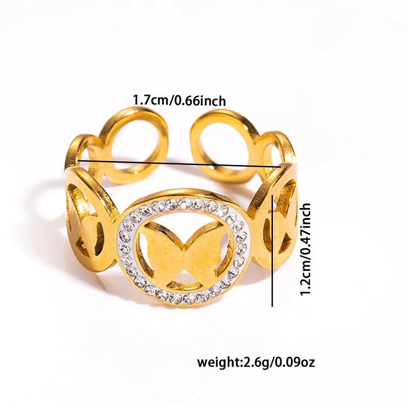 ANENJERY 316L Stainless Steel Turquoise Zircon Hollow Open Multi Layered Ring for Women Vintage Niche Jewelry Gifts Wholesale