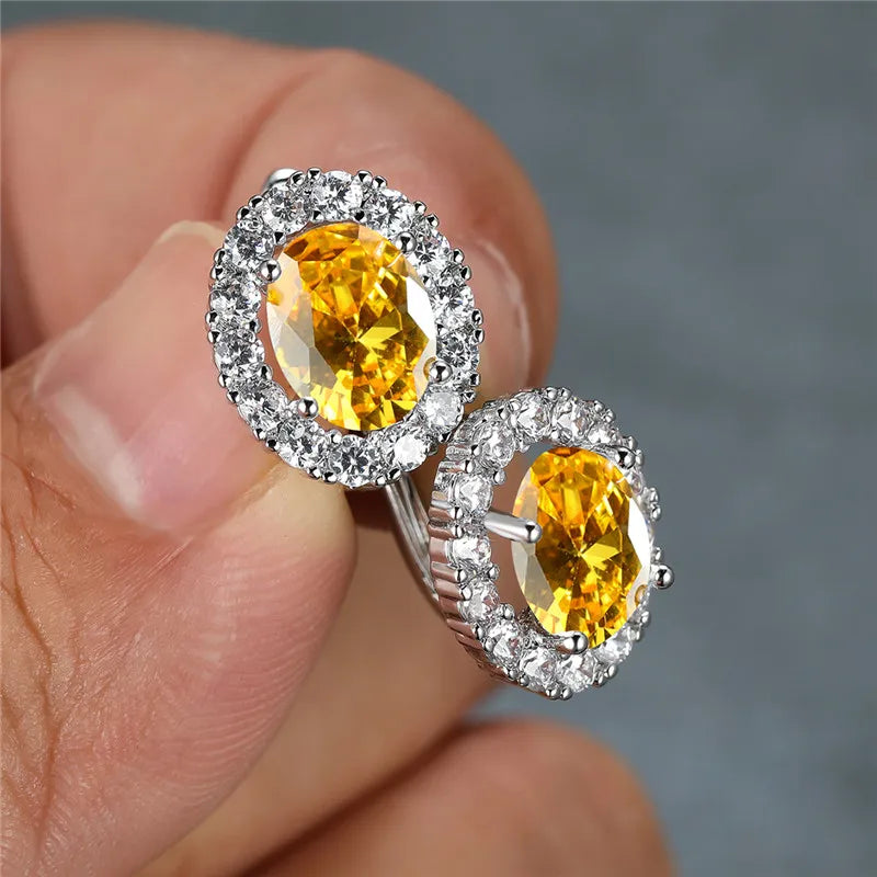 Luxury Crystal Purple Oval Stone Earrings Multicolor Zircon Small Hoop Earrings Classic Silver Color Wedding Earrings For Women