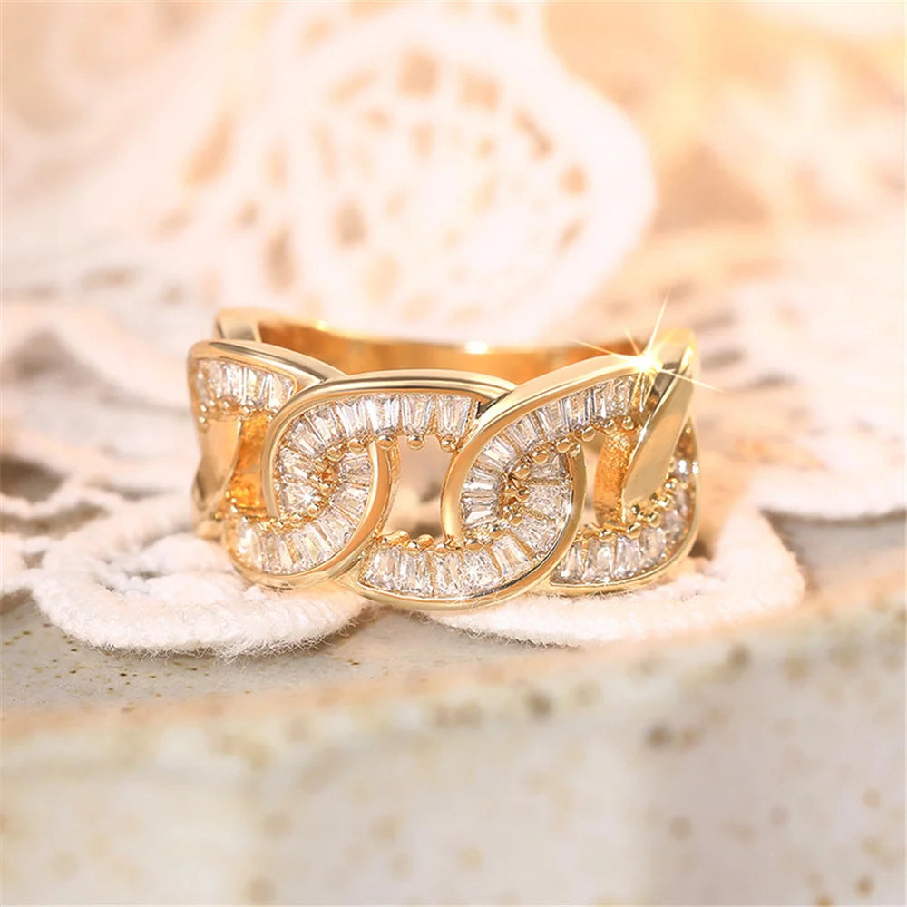 Luxury Female Yellow Gold Color White Zircon Stone Wedding Jewelry Promise Love Engagement Rings For Women