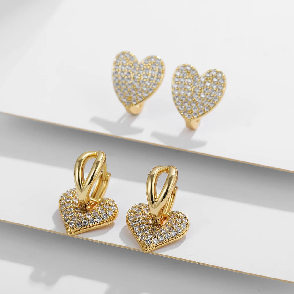 Exquisite CZ Crystal Love Heart Hoop Earrings for Women Cubic Zirconia Gold Color Sweet Cute Hollow Earrings Fashion Jewelry