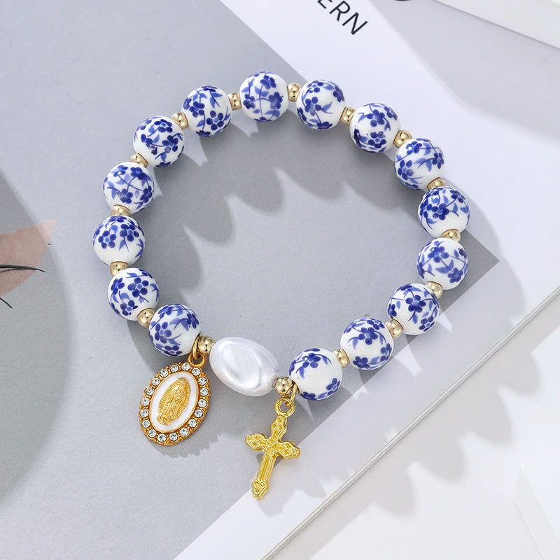 Bohemian Blue White Porcelain Bead Bracelet with Imitation Pearls Cross Pendant for Women Daily Party Wear Fashion Accessory