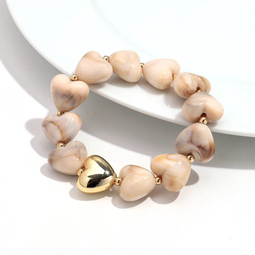 Sweet Resin Love Heart Beads Elastic Bracelets for Women Cute Geometric Heart Shape Stretch Bracelet Party Jewelry Gifts