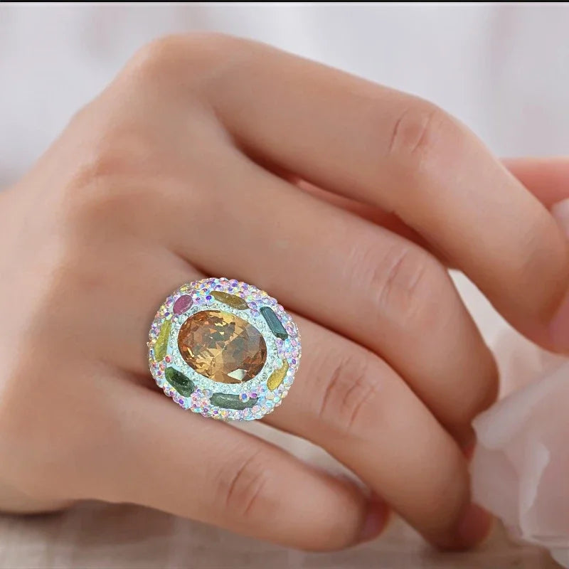 Color Changing Stone Sultainite Natural Tourmaline Edging Finger Rings for Women Sudan Crystal Clay Rhinestone Design Jewelry