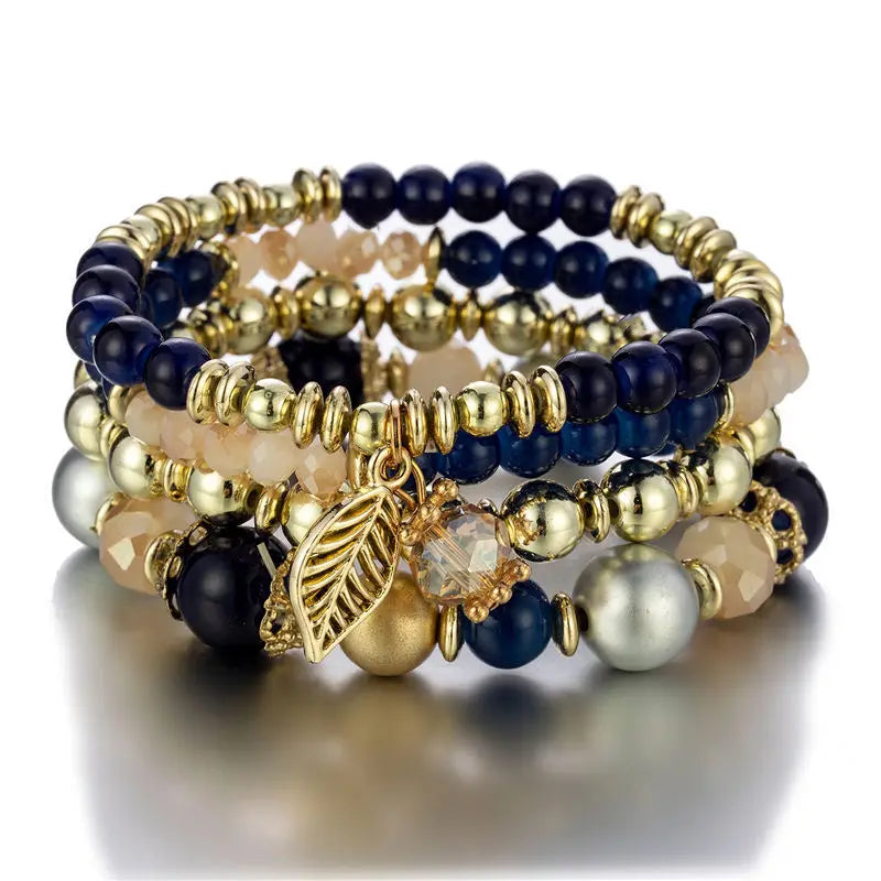 4Pcs New Candy Color Glass Beads Bracelet Set For Women Fashion Leaf Charm Elastic Chain Bangle Female Party Jewelry
